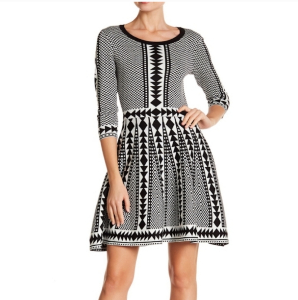Nina Leonard Fit & Flare Black White Knit Printed Geometric Dress